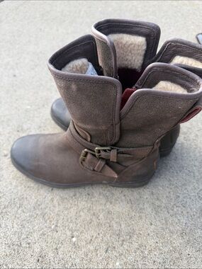 UGG Brown Suede Fleece-Lined Mid-Calf Buckle Boots
